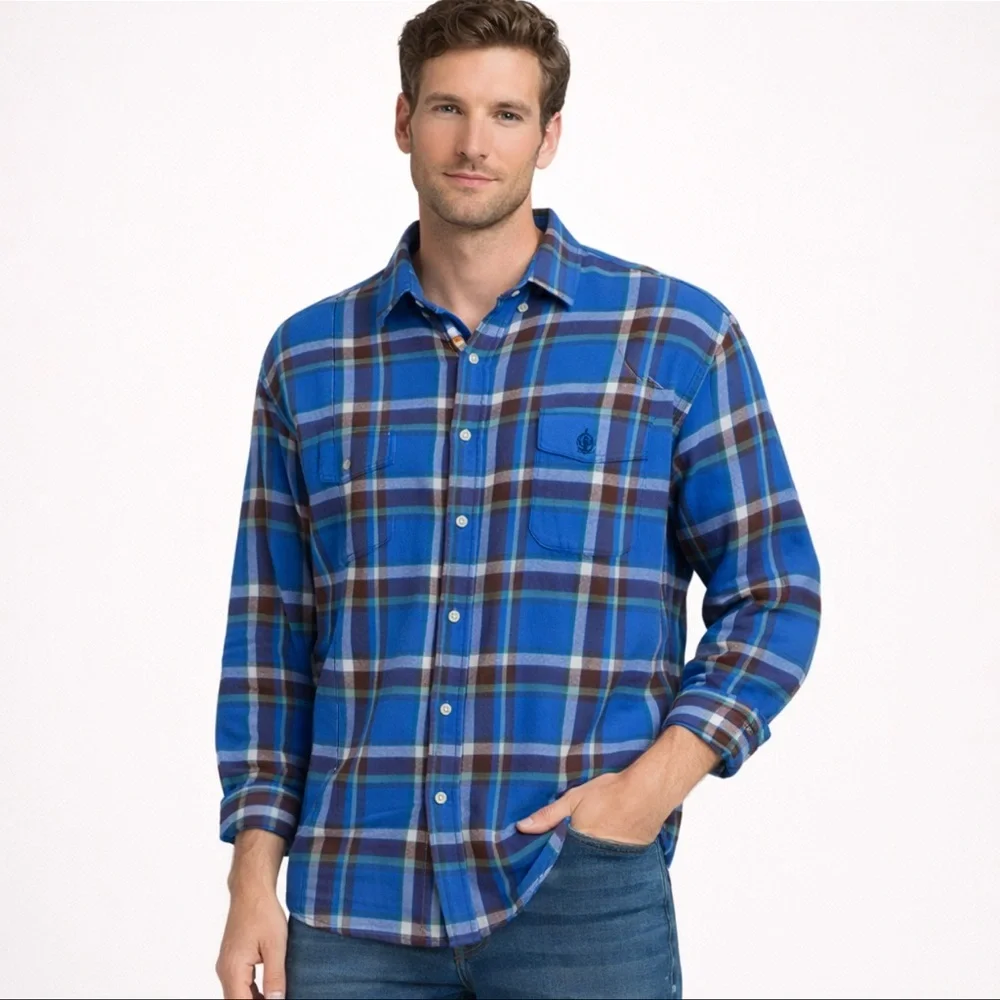 Chaps Men’s Blue Plaid Brushed Flannel Shirt XL Button Front Cotton Logo